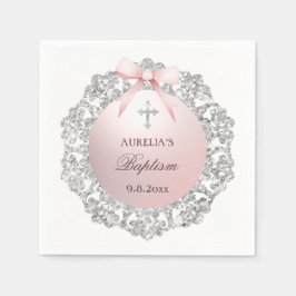 シルバーグリッターフレームピンクボウバプテスマ スタンダードカクテルナプキン