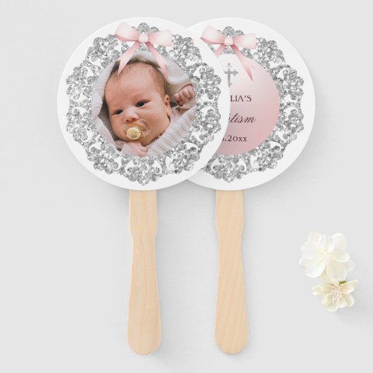 シルバーグリッターフレームピンクボウバプテスマ ハンドファン (正面&裏面)