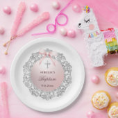 シルバーグリッターフレームピンクボウバプテスマ ペーパープレート (パーティー)