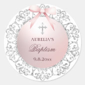 シルバーグリッターフレームピンクボウバプテスマ ラウンドシール (正面)