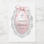 シルバーグリッターフレームピンクボウバプテスマ ワインラベル (シングルラベル)