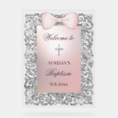 シルバーグリッターフレームピンクボウバプテスムウェルカム アクリルサイン (正面)