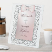 シルバーグリッターフレームピンクボウバプテスムウェルカム 台座サイン (インサイチュ)