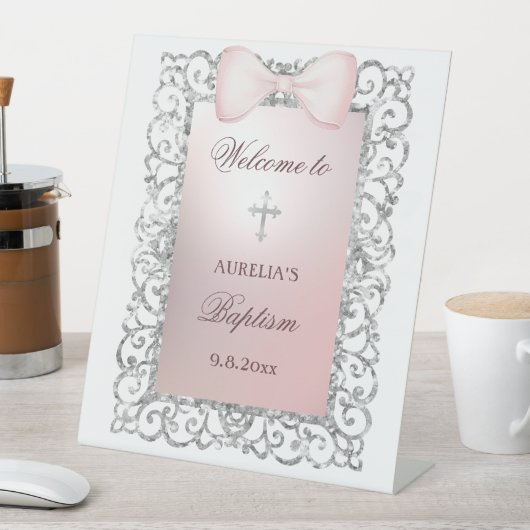 シルバーグリッターフレームピンクボウバプテスムウェルカム 台座サイン (インサイチュ)