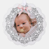 シルバーグリッターフレームピンクボウ洗礼ありがとう オーナメントカード (正面)