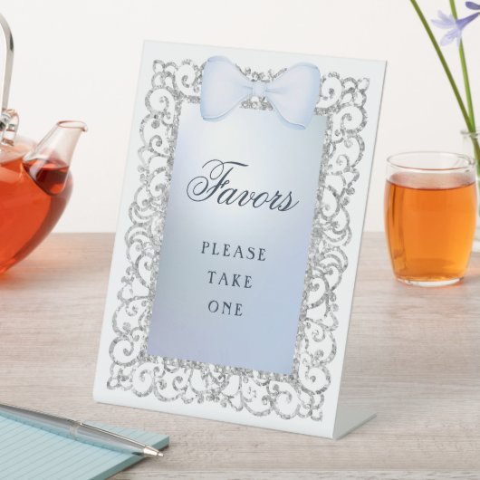 シルバーグリッターフレームブルーボウの好意 台座サイン (インサイチュ)