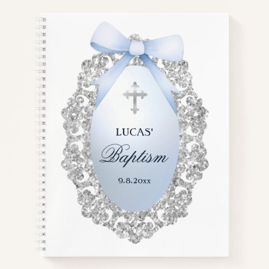 シルバーグリッターフレームブルーボウバプティスゲストブック ノートブック (正面)