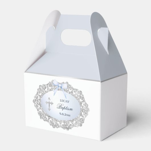 シルバーグリッターフレームブルーボウバプティススモールゲーブル フェイバーボックス (正面サイド)