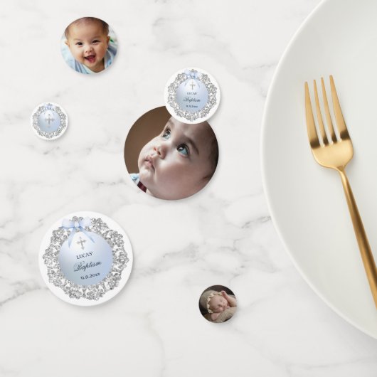 シルバーグリッターフレームブルーボウバプティステーブル コンフェッティ (グループ)