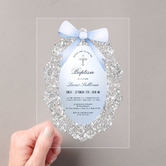 シルバーグリッターフレームブルーボウバプテスマ アクリル招待状 (インサイチュ (ポータブル))