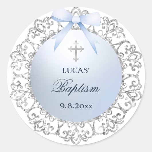 シルバーグリッターフレームブルーボウバプテスマ ラウンドシール (正面)