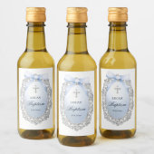 シルバーグリッターフレームブルーボウバプテスマ ワインラベル (ボトル)