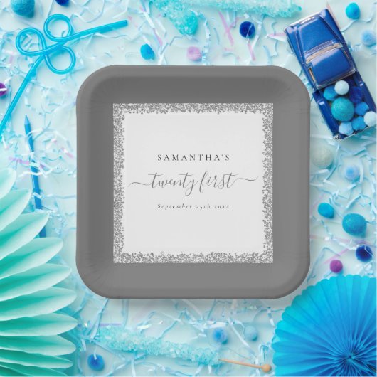 シルバーグリッターフレーム名日付21日 ペーパープレート (パーティー)