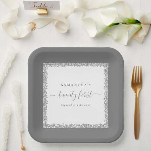 シルバーグリッターフレーム名日付21日 ペーパープレート (ウェディング)