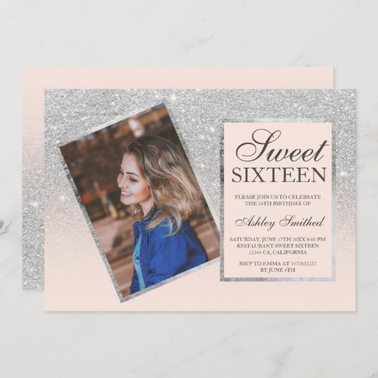 シルバーグリッターフレーム赤面グラデーションフォトSweet 16 招待状 (正面/裏面)