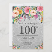 シルバーグリッターフローラサプライズ100th誕生日 招待状 (正面)