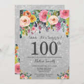 シルバーグリッターフローラサプライズ100th誕生日 招待状 (正面/裏面)