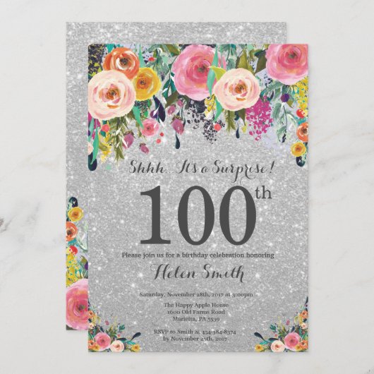 シルバーグリッターフローラサプライズ100th誕生日 招待状 (正面/裏面)