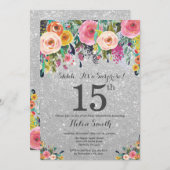 シルバーグリッターフローラサプライズ15th誕生日 招待状 (正面/裏面)