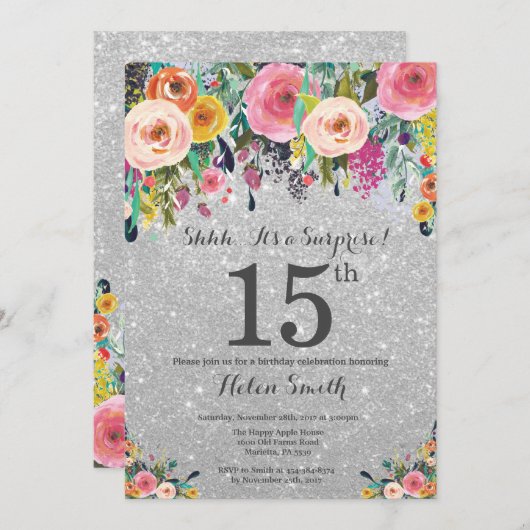 シルバーグリッターフローラサプライズ15th誕生日 招待状 (正面/裏面)