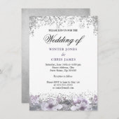 シルバーグリッターフローラパープル結婚式招待状 招待状 (正面/裏面)
