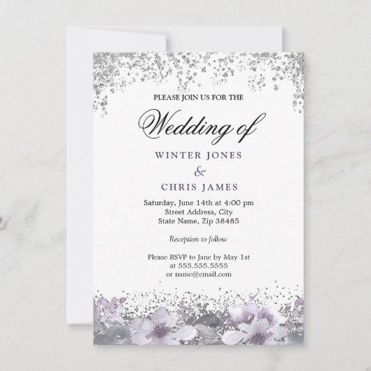 シルバーグリッターフローラパープル結婚式招待状 招待状 (正面)