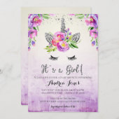 シルバーグリッターフローラユニコーンベビーシャワー招待状 招待状 (正面/裏面)