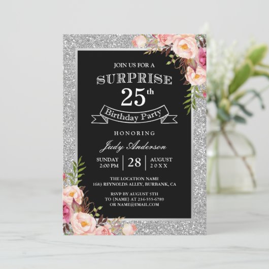シルバーグリッターフローラ25thサプライズ誕生日パーティー 招待状 (スタンド正面)