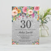 シルバーグリッターフローラ30歳誕生日招待状 招待状 (スタンド正面)