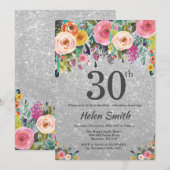 シルバーグリッターフローラ30歳誕生日招待状 招待状 (正面/裏面)