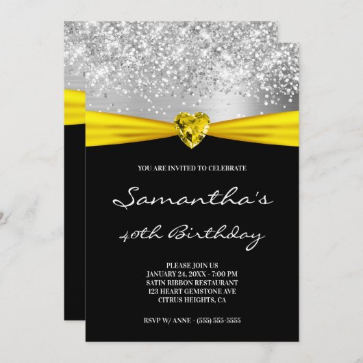 シルバーグリッターブライトイエローハート40歳 招待状 (正面/裏面)