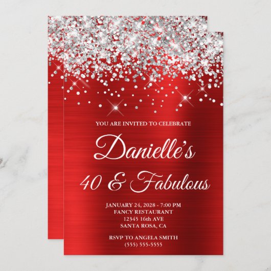 シルバーグリッターブライトレッドフォイル40と素晴らしい 招待状 (正面/裏面)