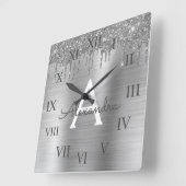 シルバーグリッターブラシメタルモノグラム名 スクエア壁時計 (傾斜)