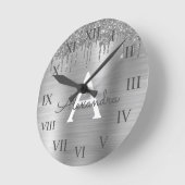 シルバーグリッターブラシメタルモノグラム名 ラウンド壁時計 (傾斜)