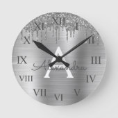 シルバーグリッターブラシメタルモノグラム名 ラウンド壁時計 (正面)