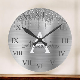 シルバーグリッターブラシメタルモノグラム名 ラウンド壁時計