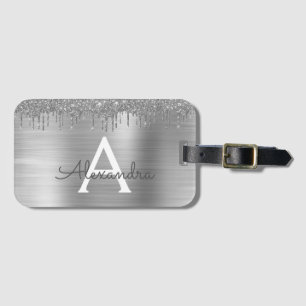 シルバーグリッターブラシメタルモノグラム名 ラゲッジタグ