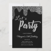 シルバーグリッターブラックガーリーバースデーパーティー 招待状 (正面)