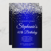シルバーグリッターブラックグラデーションブルー40歳の誕生日 招待状 (正面/裏面)