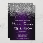 シルバーグリッターブラックダークパープル30歳の誕生日 招待状 (正面/裏面)