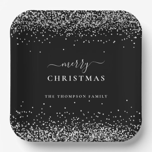 シルバーグリッターブラックネームメリークリスマス ペーパープレート (正面)