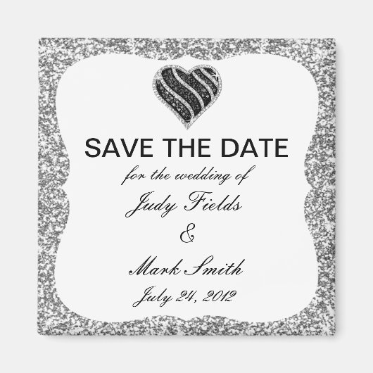 シルバーグリッターブラックハート日付磁石を保存 マグネット (正面)