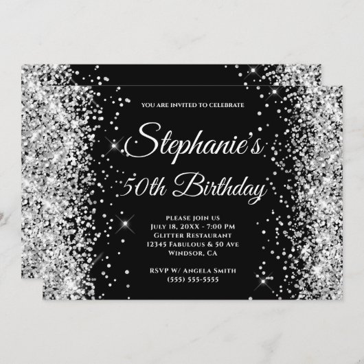 シルバーグリッターブラックファンシーモノグラム 招待状 (正面/裏面)