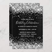 シルバーグリッターブラックフォイル誕生祝い 招待状 (正面/裏面)