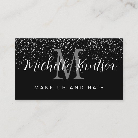 シルバーグリッターブラックメイクアップアーティストヘアサロン 名刺 (正面)