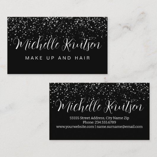 シルバーグリッターブラックメイクアップアーティストヘアサロン 名刺 (正面/裏面)