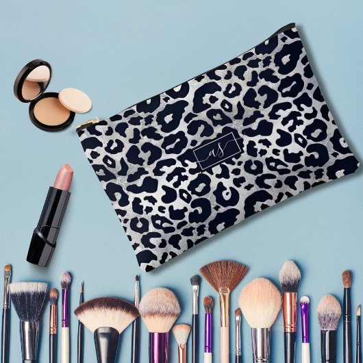シルバーグリッターブラックレオパードモノグラムのプリント アクセサリーポーチ