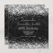 シルバーグリッターブラックレザー40歳の誕生日 招待状 (正面/裏面)