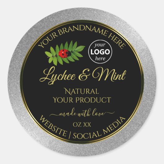 シルバーグリッターブラック製品ラベルLadybugロゴ ラウンドシール (正面)