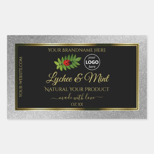 シルバーグリッターブラック製品ラベルLadybugロゴ 長方形シール (正面)